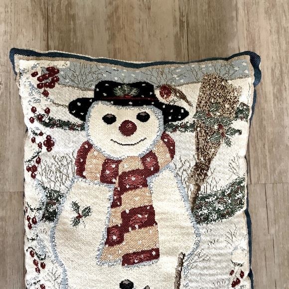 Anne Mortimer Snowman Cat Throw Pillow Tapestry Winter Vintage 16”x12” - Picture 3 of 4